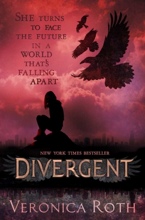 UK cover of Divergent. Silhouette of a girl sitting on  a rock against a deep maroon background, three birds in flight on the top right. Text on top left: She turns to face the future in a world that's following apart. Title, bottom centre: New York Times Bestseller Divergent Veronica Roth.